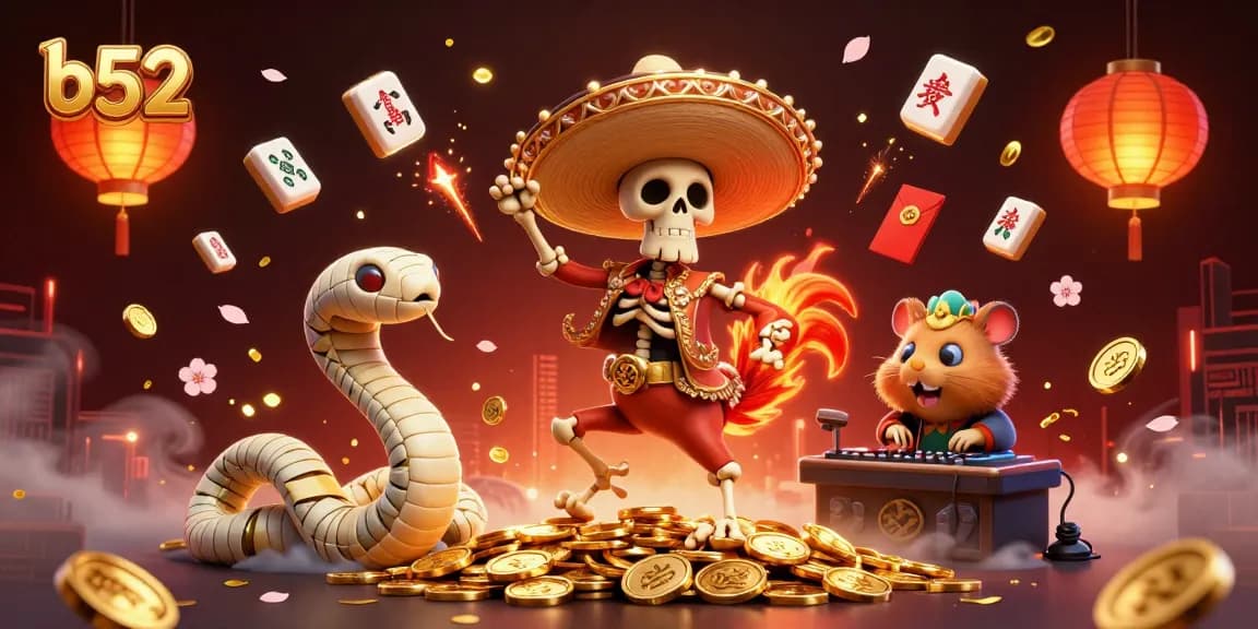 B52 online casino featuring a festive skeleton mariachi rooster celebrating amidst a flurry of gaming elements.