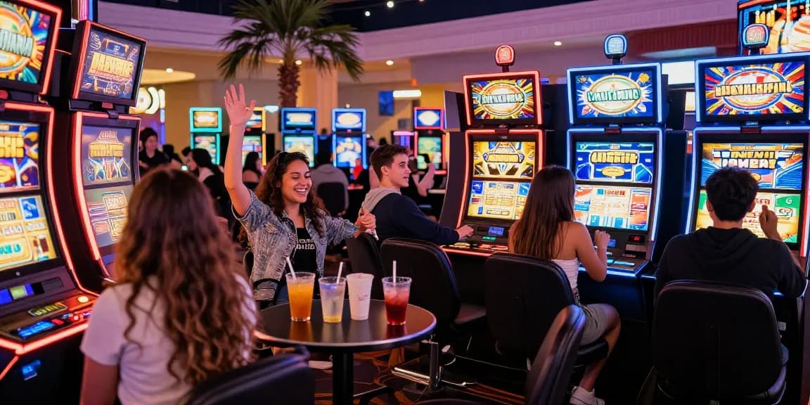 Pengunjung bermain di situs slot gacor dengan suasana kasino yang meriah dan lampu berwarna penuh semangat.