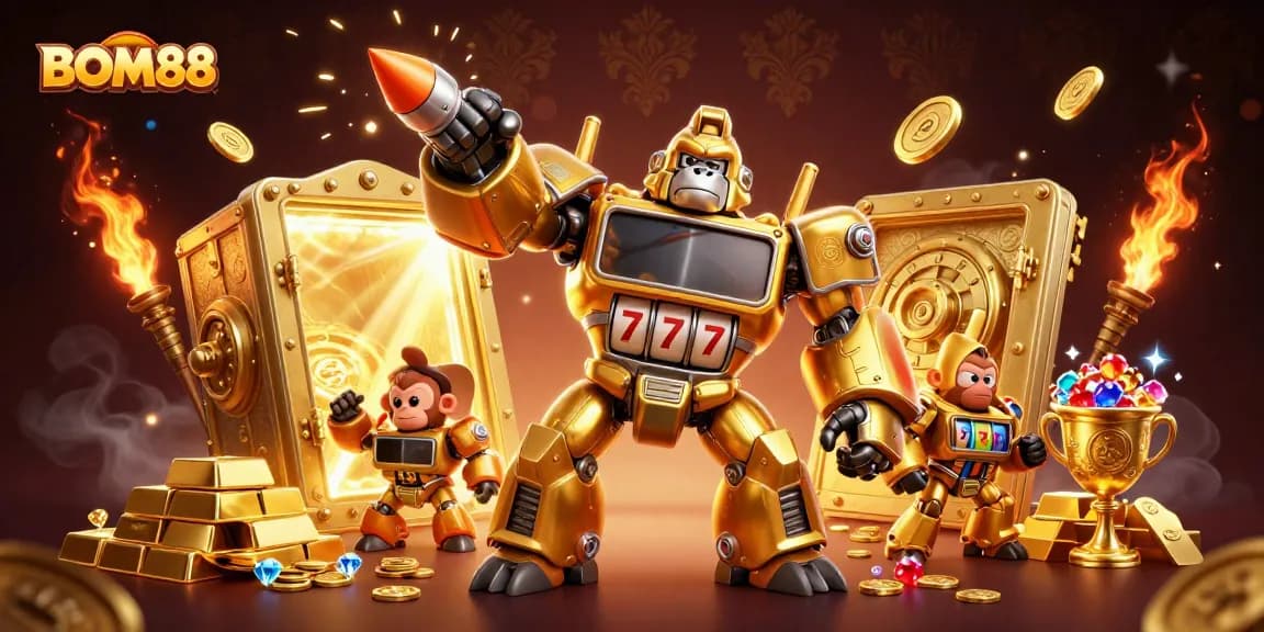 Experience the excitement of BOM88 with a golden gorilla mech amidst a treasure-filled casino.