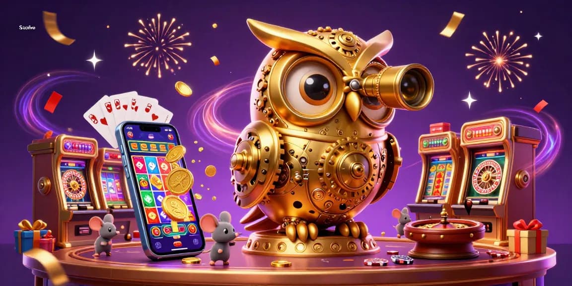 Socolive showcases a vibrant casino scene with a golden owl and lively mice betting on slots.