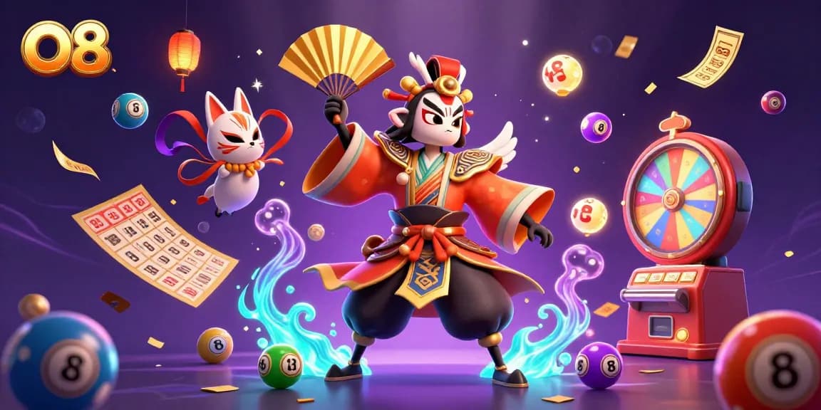 O8 showcases thrilling gambling action with kabuki warrior and vibrant lottery elements.