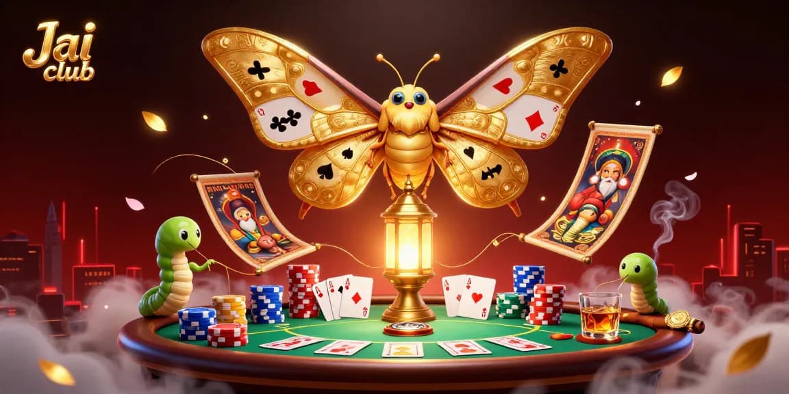 Experience the thrill at Jai club with a vibrant poker scene featuring a majestic moth and dynamic gameplay.