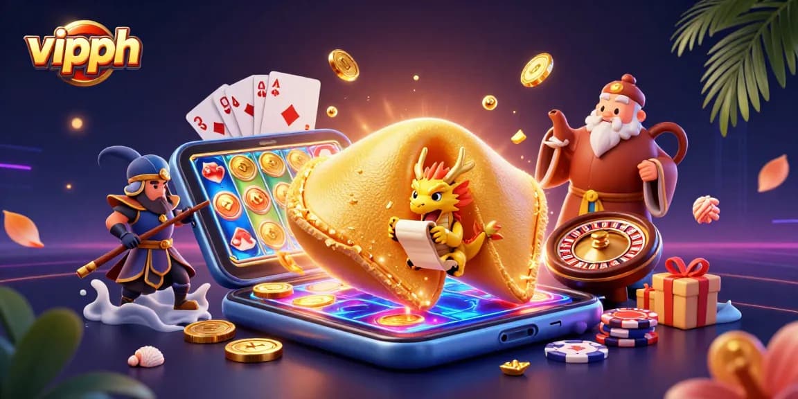 Experience thrilling gameplay at vipph with a dynamic scene featuring a giant fortune cookie and gaming elements.