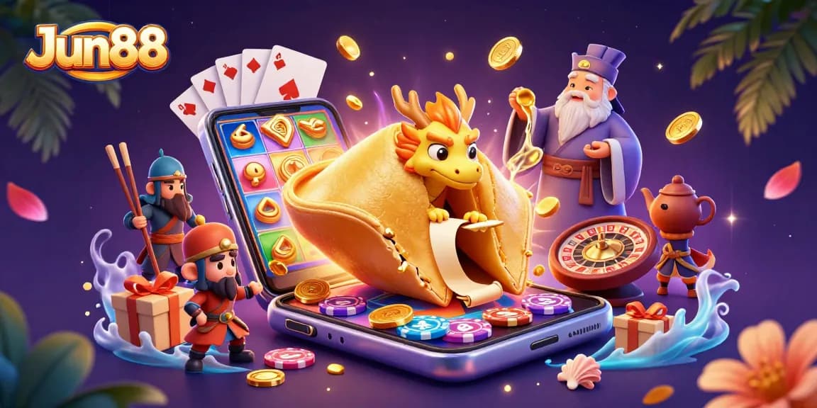Win big with Jun88 at a vibrant casino-themed art showcasing fortune cookies and gaming elements.