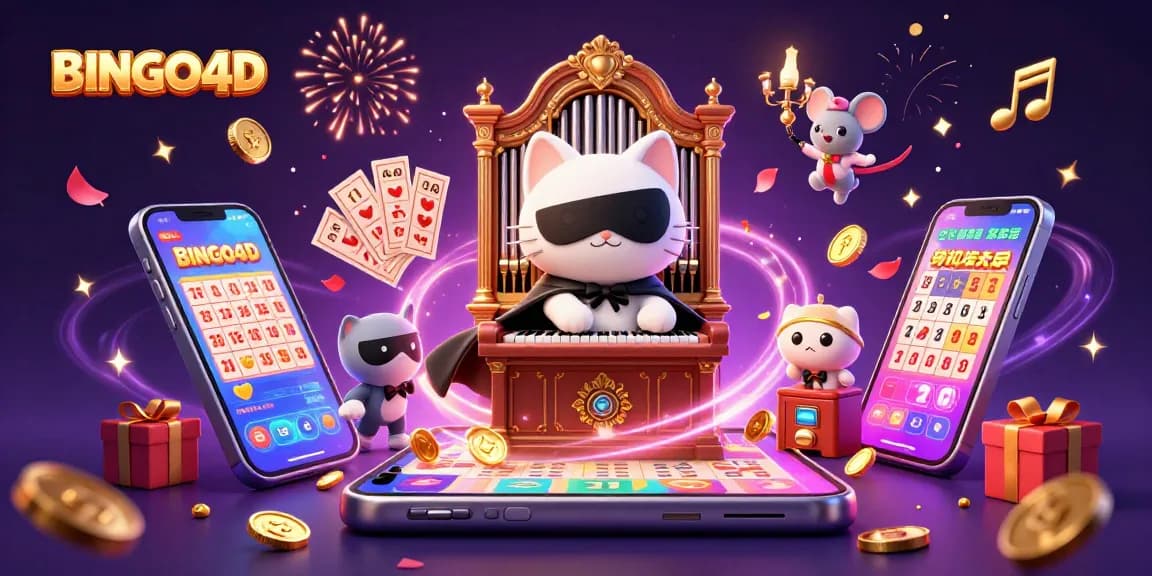 Gambarkan BINGO4D dengan kucing putih misterius dan mouse akrobat, dikelilingi permainan bingo.