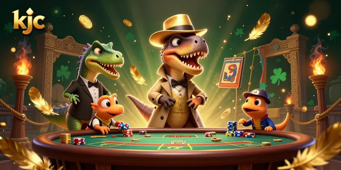 KJC gaming scene captures a velociraptor card counter at a blackjack table, showcasing a lively casino atmosphere.