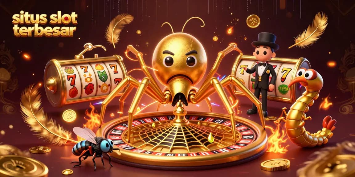 Situs slot terbesar menampilkan laba-laba emas berputar di roda roulette dengan simbol keberuntungan dan koin emas