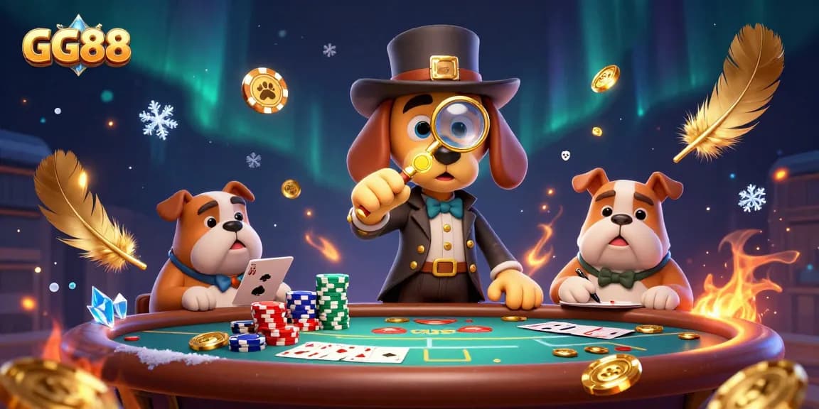 Engage with GG88’s poker scene featuring a detective dog duo exploring clues in a vibrant casino.
