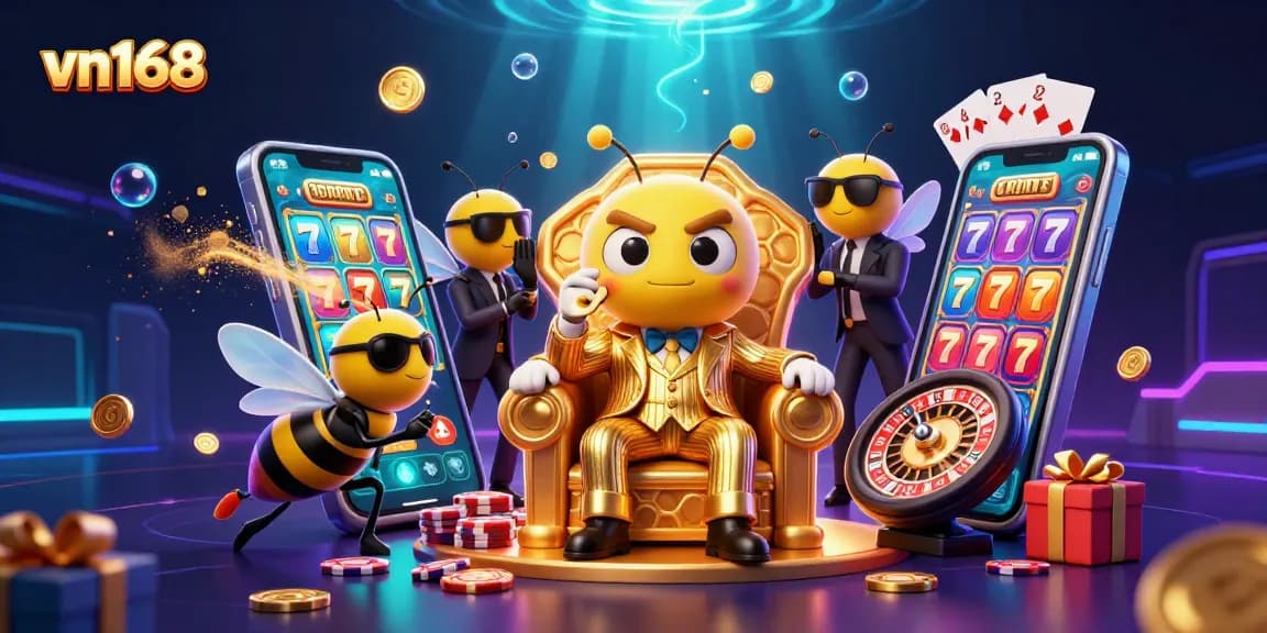 Experience the excitement of vn168 with a dynamic casino scene featuring a bumblebee mob boss amid colorful slot games and golden coins.