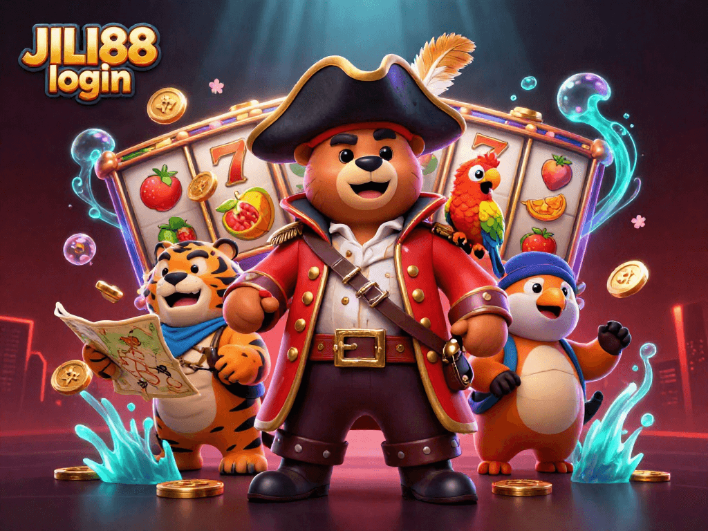 Engage in the exciting JILI88 login adventure amidst dynamic slot reels and vibrant casino elements.