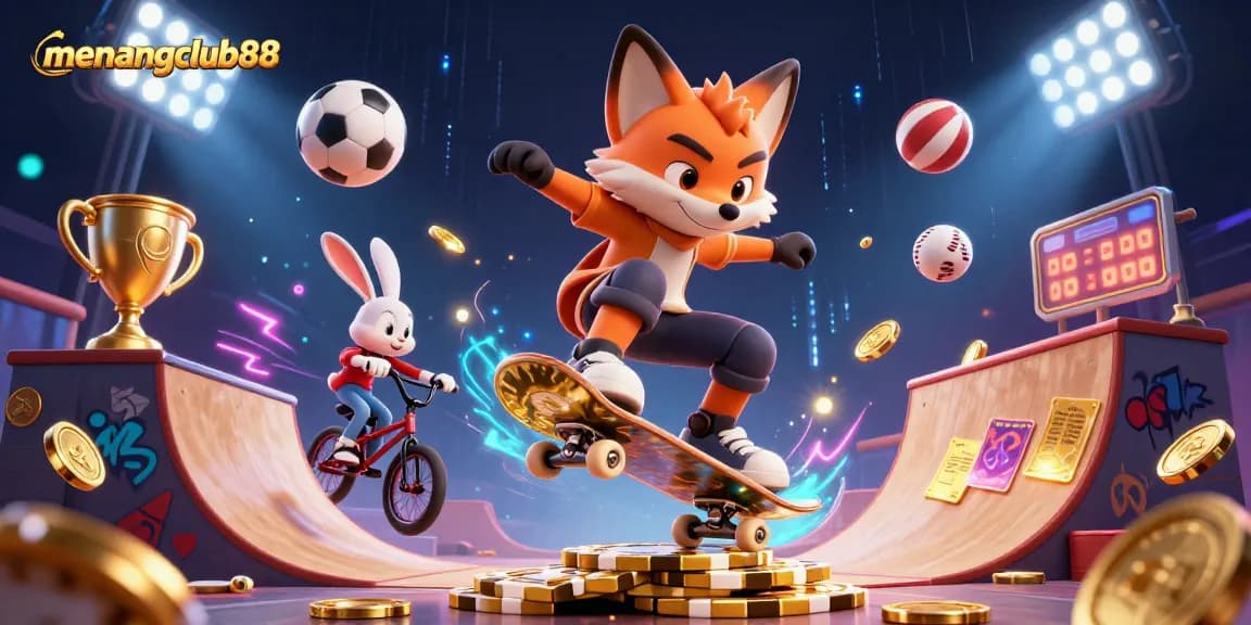Experience the excitement at menangclub88 with vibrant 3D casino-themed illustration showcasing winning moments.