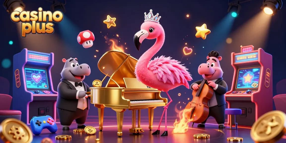 Casino Plus features a lively scene with a flamingo lounge singer and hippo bassist in a vibrant gaming atmosphere.
