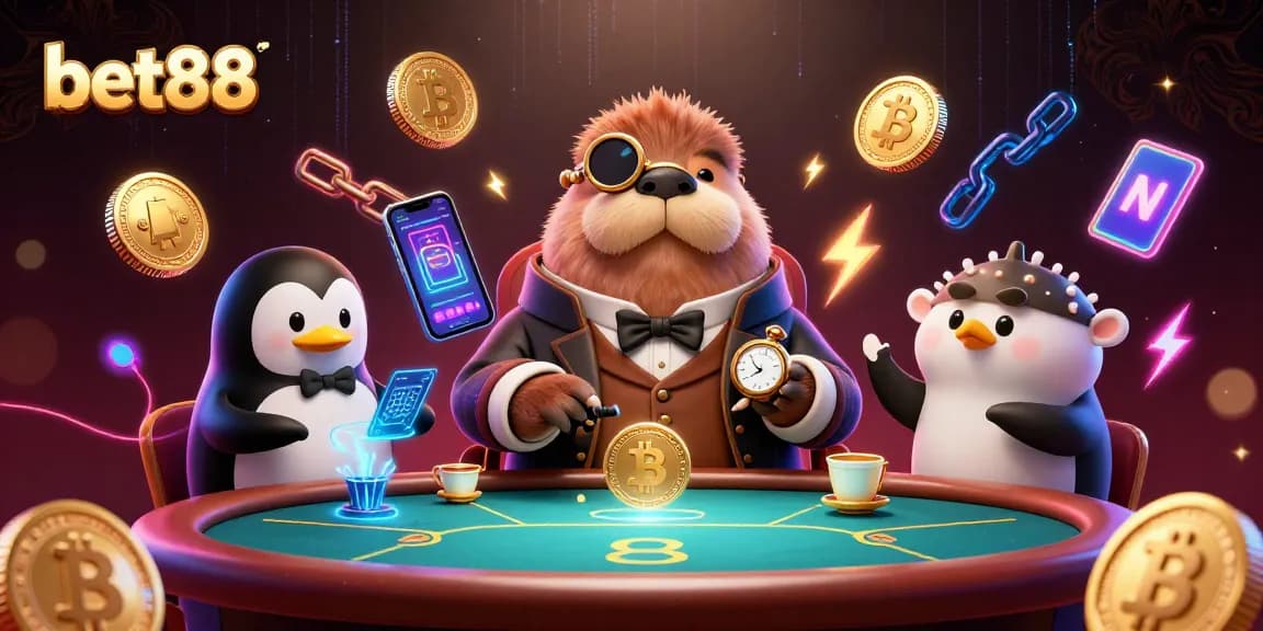Bet88 players bluff at a lively underwater poker table with vibrant cryptocurrency elements.