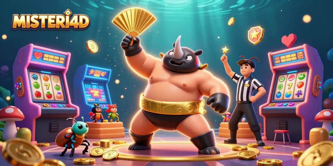 MISTERI4D features an energetic scene with a sumo champion beetle and arcade games, capturing the excitement of online slots.