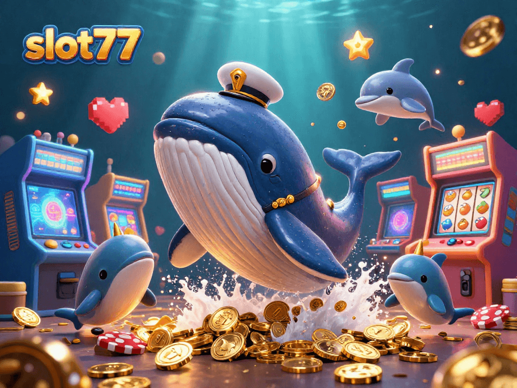 Menangkan slot777 dengan kombinasi ikan paus dan simbol slot dalam ilustrasi kasino 3D yang penuh warna.