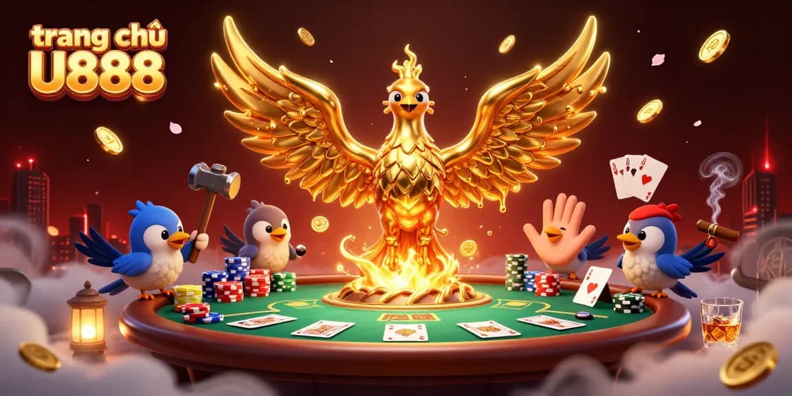 Engage in thrilling poker action at trang chủ U888 with a magnificent golden phoenix rising amidst vibrant casino elements.