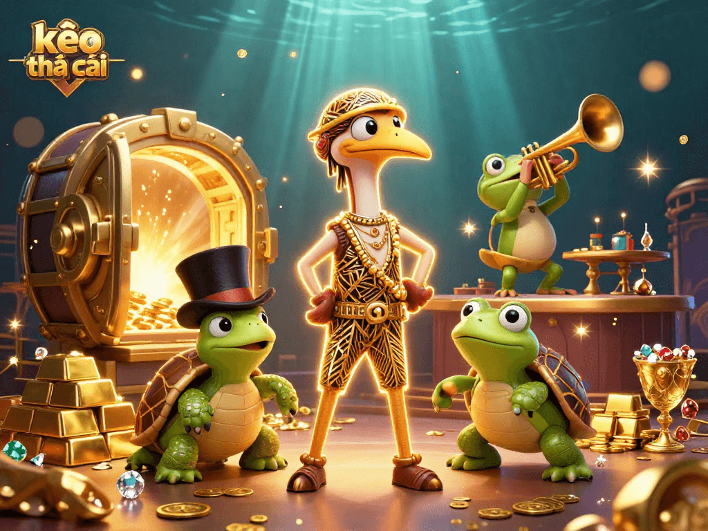 Engage in gaming excitement with kèo nhà cái illustrated as a vibrant 3D scene featuring a crane, turtle, and frog.