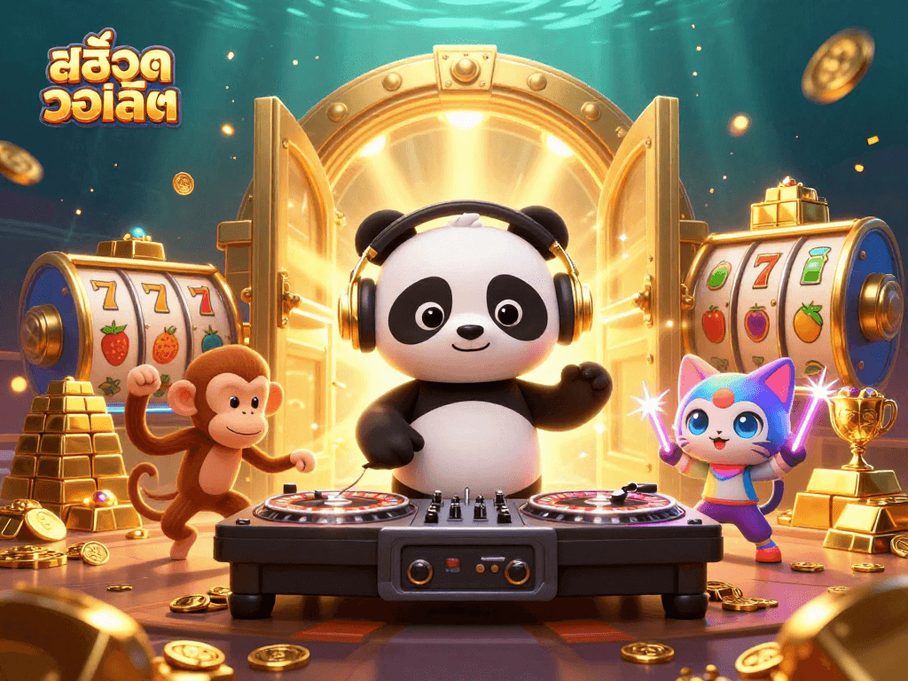 Engage in thrilling สล็อตวอเลท action with a DJ panda, breakdancing monkey, and rave kitten amid jackpot symbols and sparkling treasures.