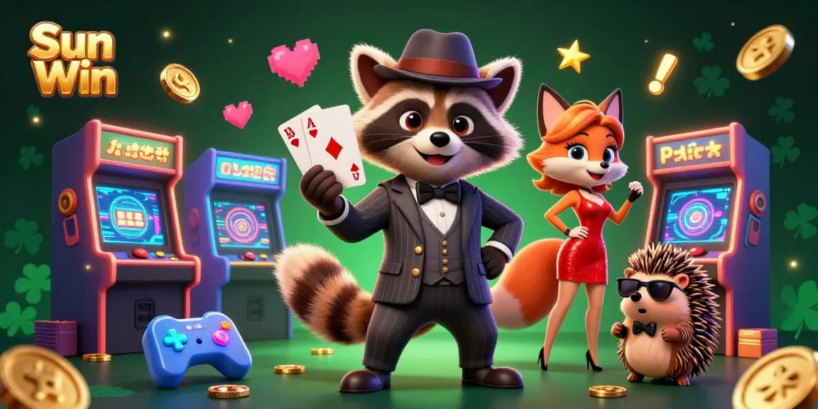 Experience thrilling gaming with Sun Win in a vibrant 3D casino scene featuring charismatic characters and dynamic elements.