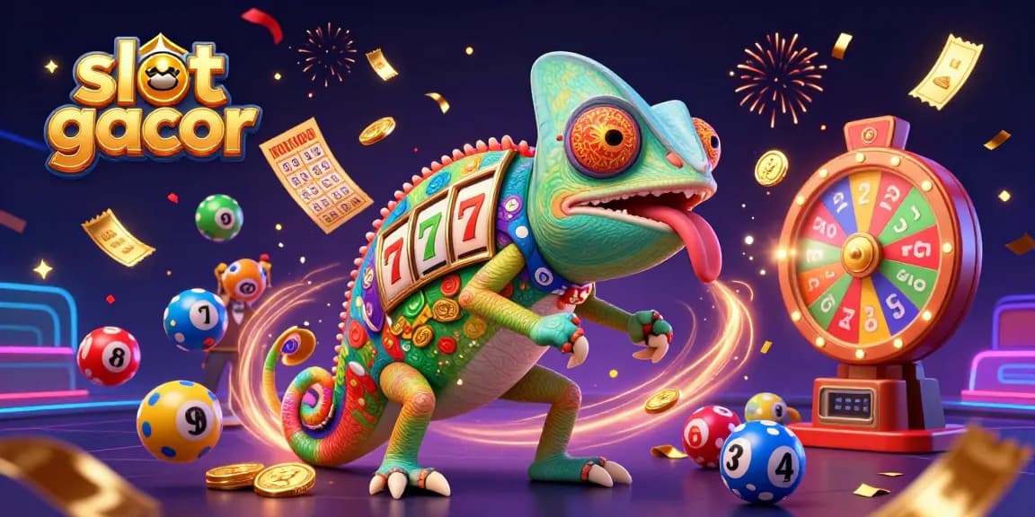 Engage with thrilling slot gacor action as colorful lottery balls and golden coins fly through a vibrant casino scene.