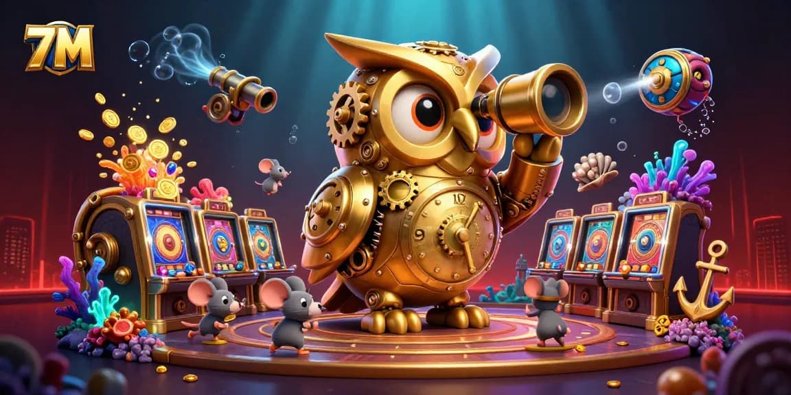 Experience the thrill of 7M casino with a clockwork owl and dynamic gaming elements.