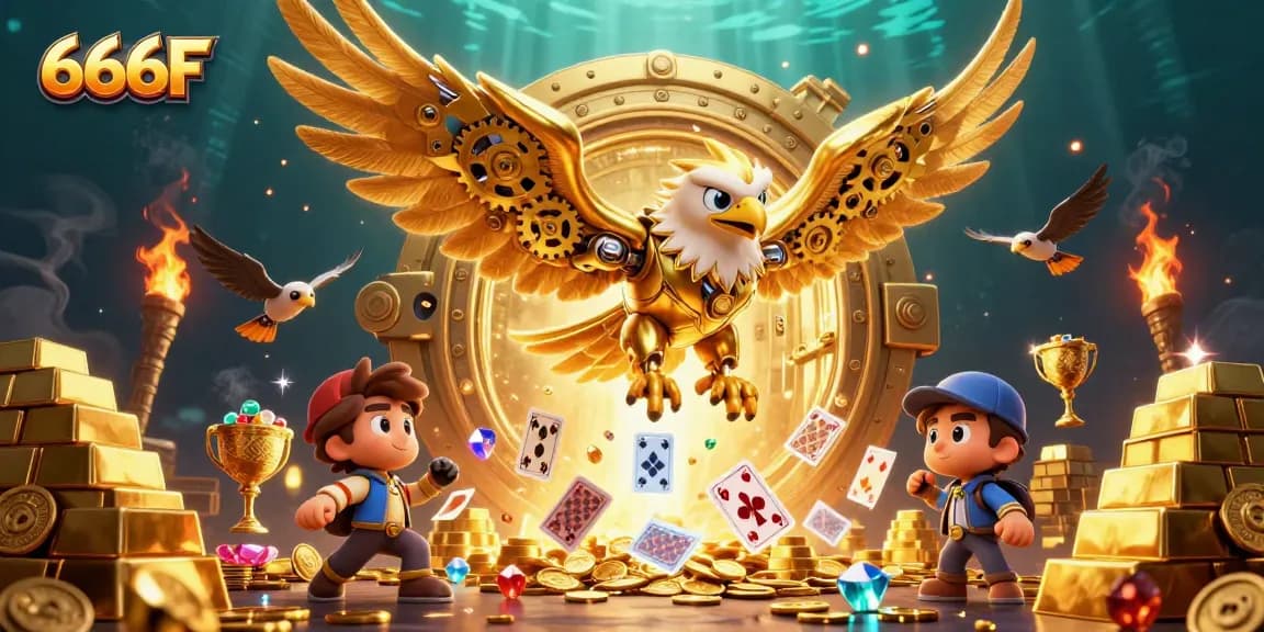 Engage in thrilling play at 666F with a golden eagle amidst dazzling casino treasures.