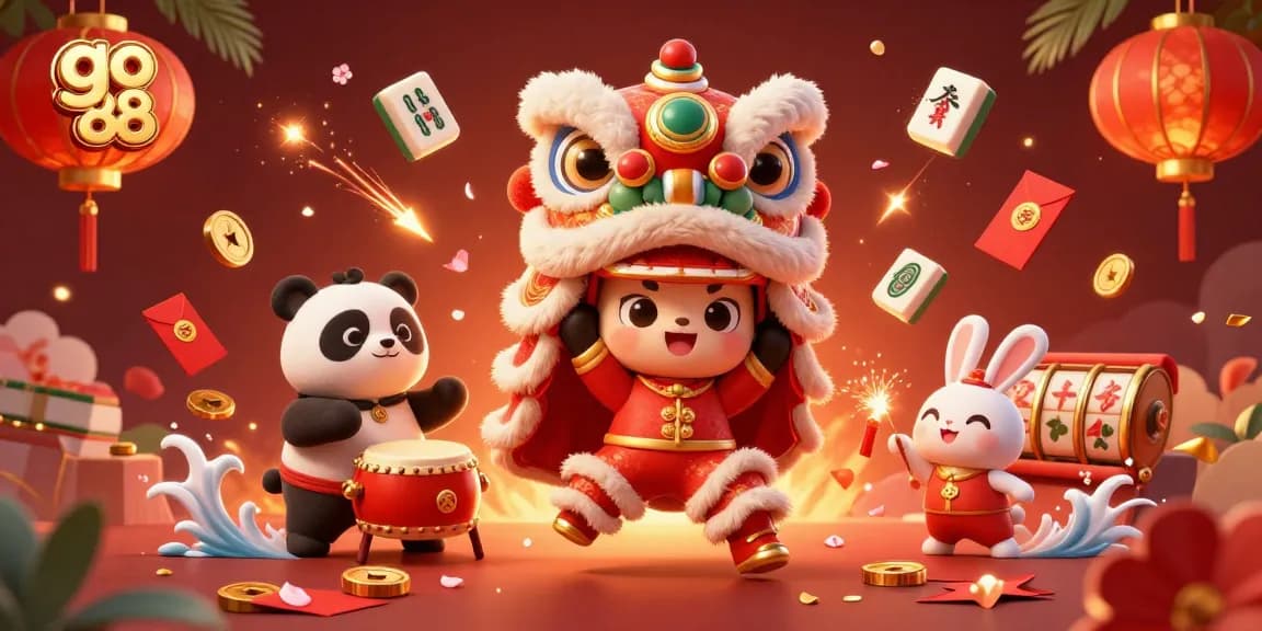 Celebrate with go 88 as players immerse in vibrant casino fun during a lively lion dance performance.