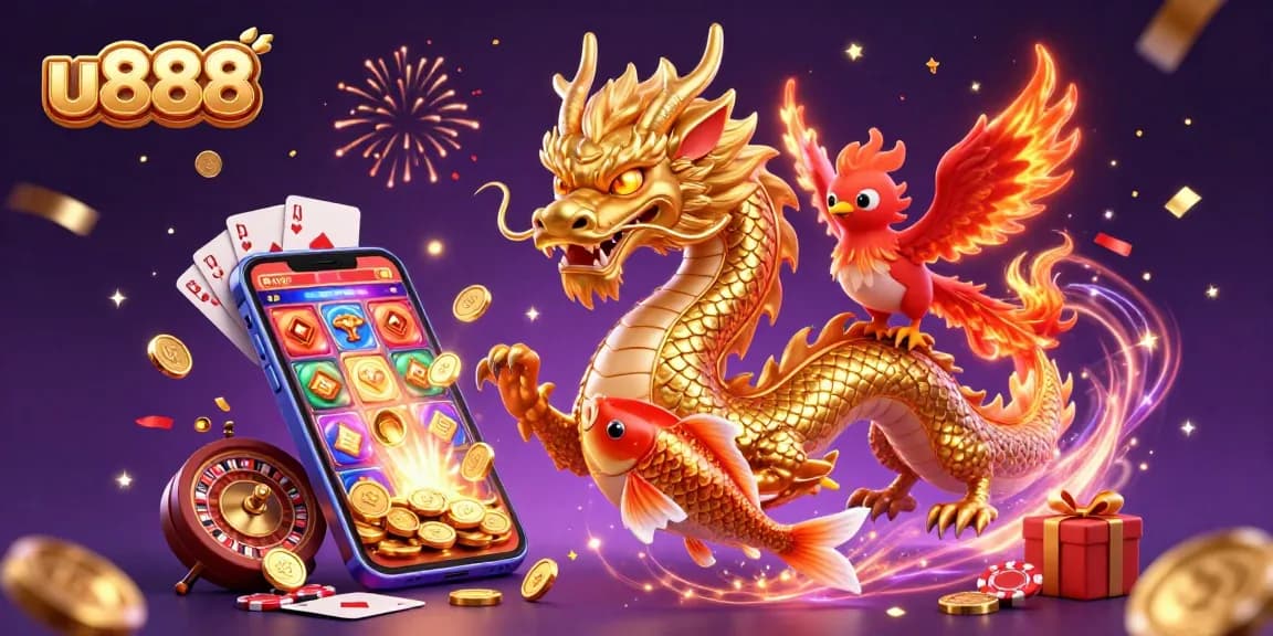 Spin the reels with u888's vibrant 3D casino scene featuring a golden dragon, phoenix, and koi fish.