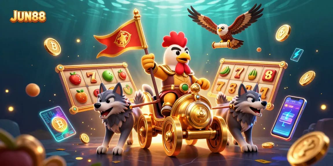 Experience the excitement of JUN88 with a dynamic casino scene featuring a rooster warlord and rich game elements