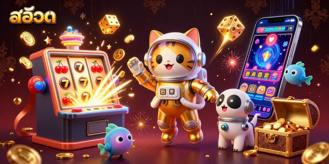Engaging สล็อต game scene featuring a golden astronaut cat and robot dog surrounded by vibrant casino elements.
