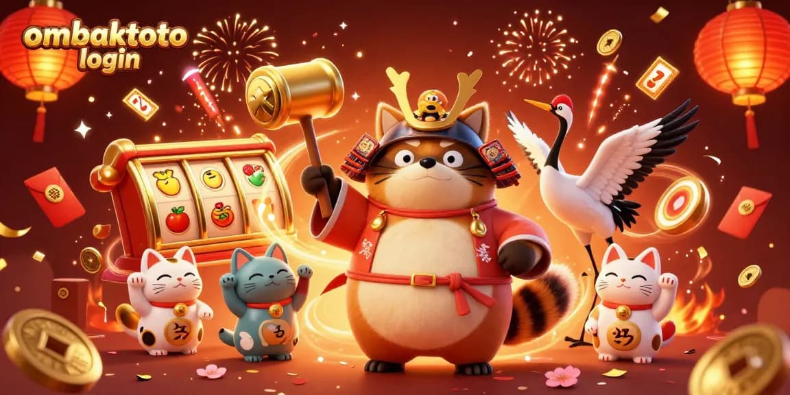 Engage with ombaktoto login by experiencing vibrant 3D scenes of lucky tanuki, slots, and festive elements.