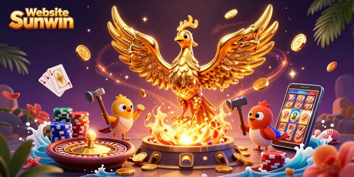 Experience the excitement of Website Sunwin with vibrant casino elements and a dynamic phoenix.