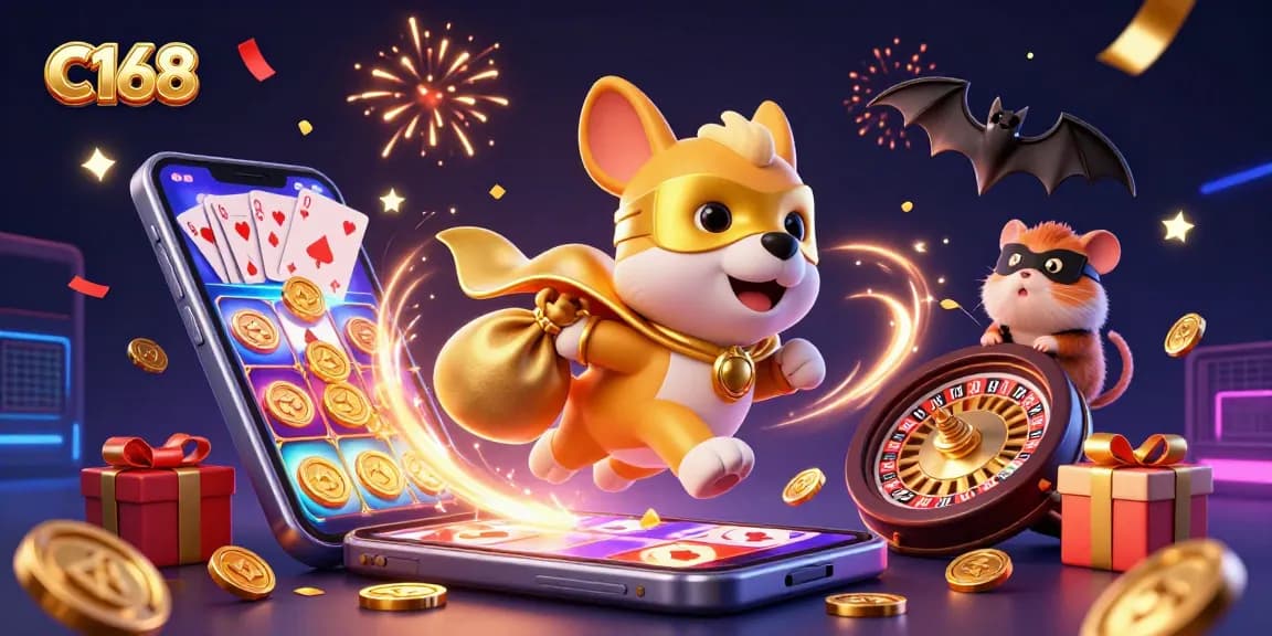 C168 offers an exciting gaming experience with a superhero dog and a hamster, showcasing thrilling casino elements.