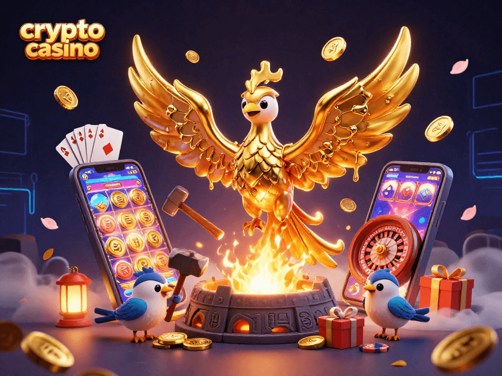 Experience the excitement of a crypto casino with a golden phoenix and dynamic gaming elements.