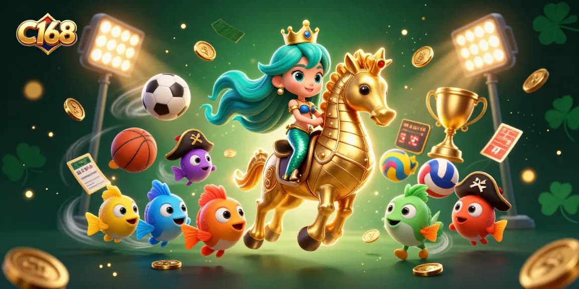 C168 showcases lively sports betting with a mermaid princess riding a seahorse among golden coins and trophies.
