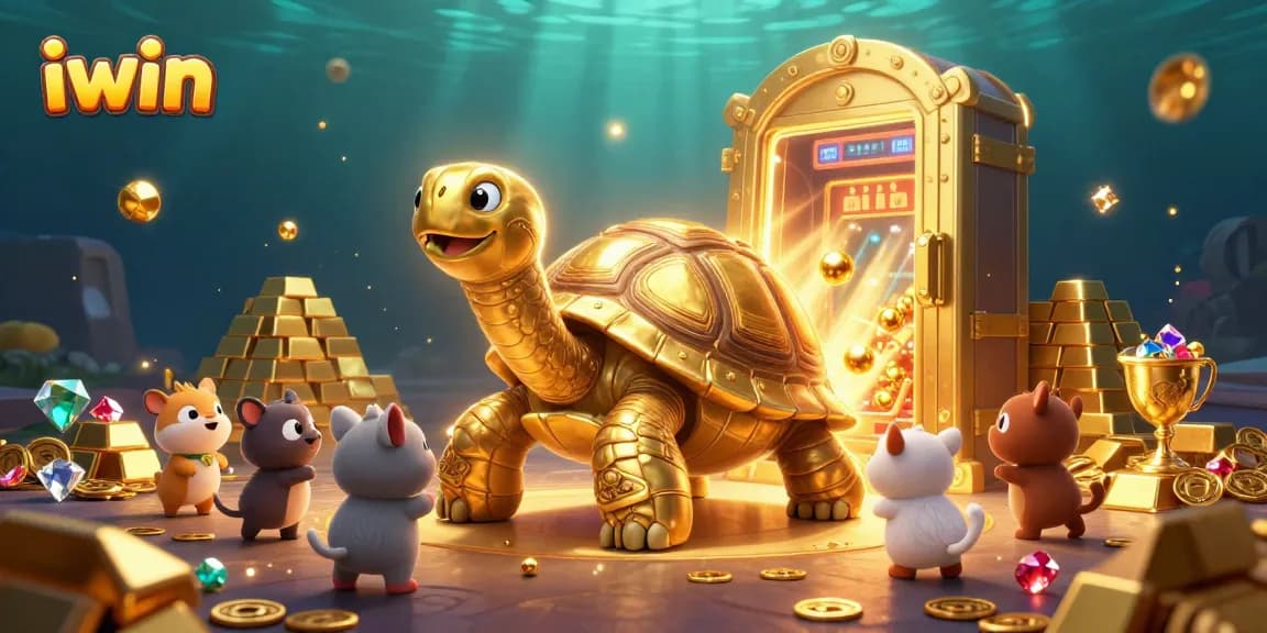 Play engaging games at iwin with a vibrant golden tortoise pinball machine surrounded by gems.