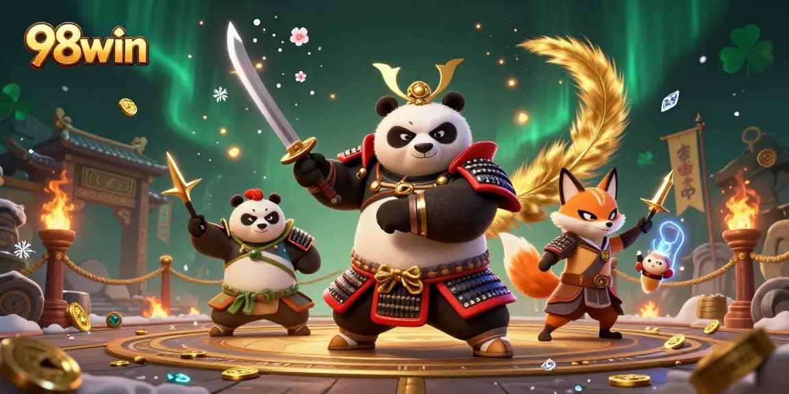 Join the action at 98win with a dynamic 3D scene featuring winning warriors and immersive casino elements.
