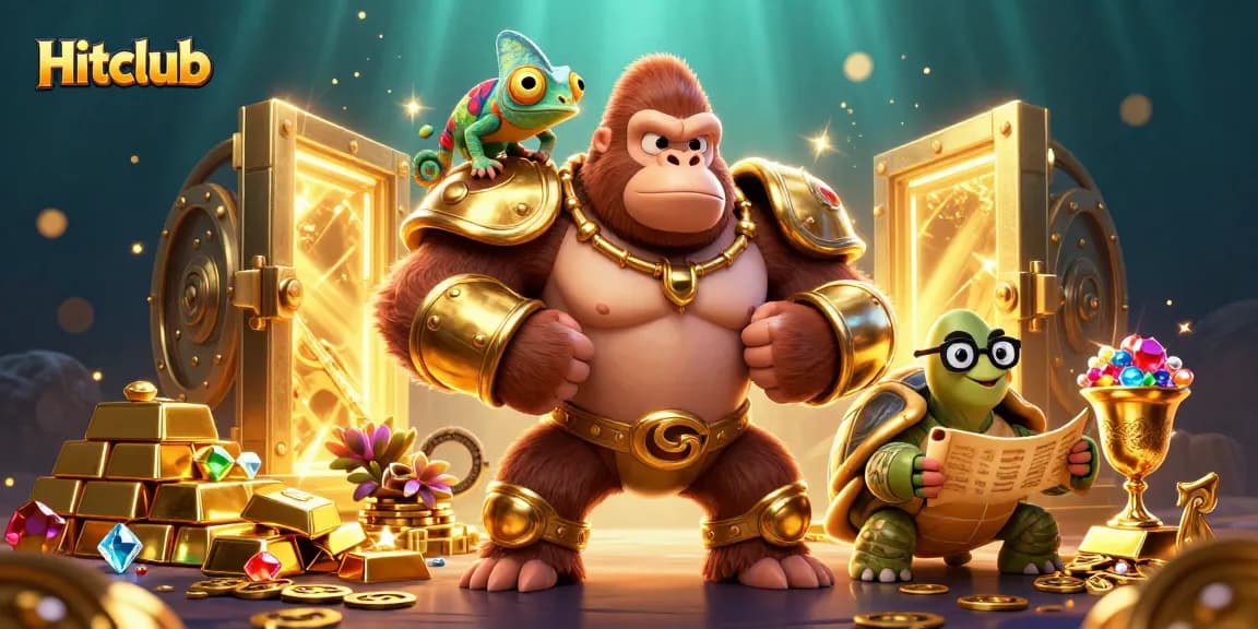 Hitclub offers thrilling online gambling adventures with a powerful gorilla king illustration that captures action and excitement.
