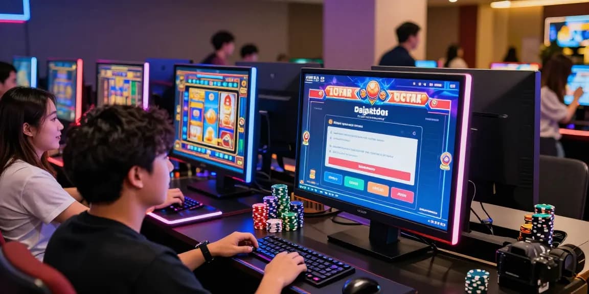 Exciting gaming scene with pajaktoto daftar registration process displayed on screens amidst cheerful players