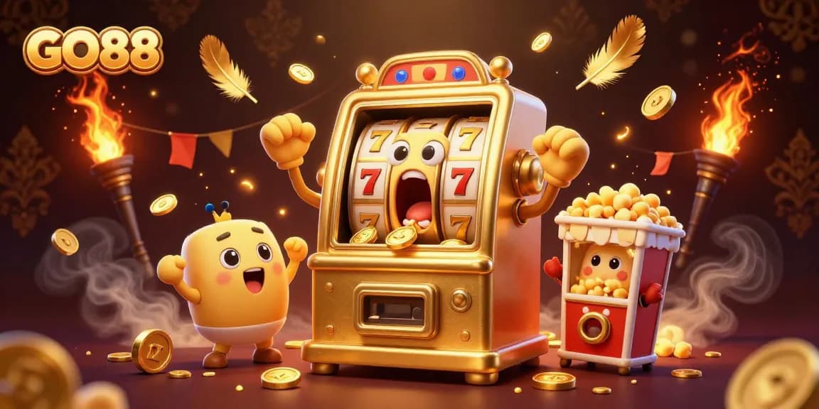 Experience GO88's jackpot thrill with vibrant gold and animated characters in a rich casino environment.