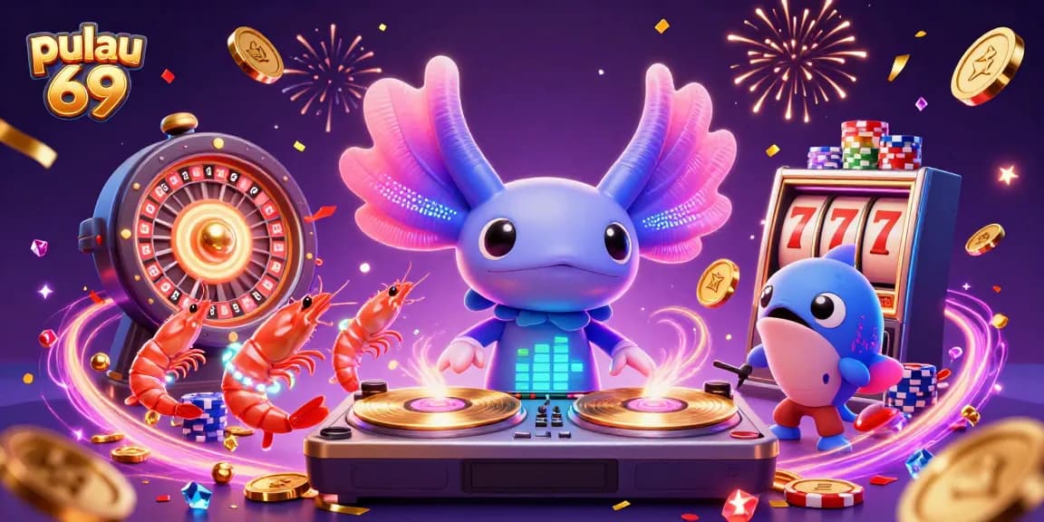 Experience pulau 69 with vibrant casino-themed underwater scene featuring neon axolotl DJ.