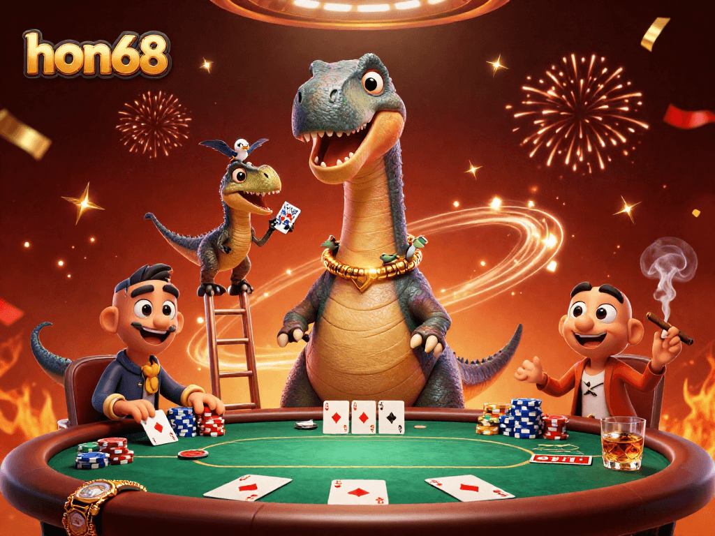 Experience thrilling poker action at hon68 with vibrant casino elements and playful characters.