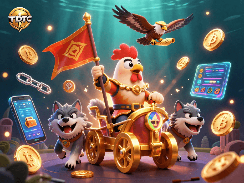 Engage with TDTC's thrilling world featuring a rooster warlord amidst a colorful casino backdrop.