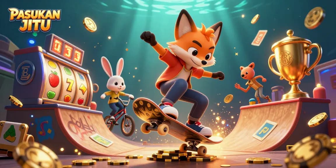 Experience PASUKAN JITU with a vibrant casino scene showcasing a fox and rabbit surrounded by slot reels.