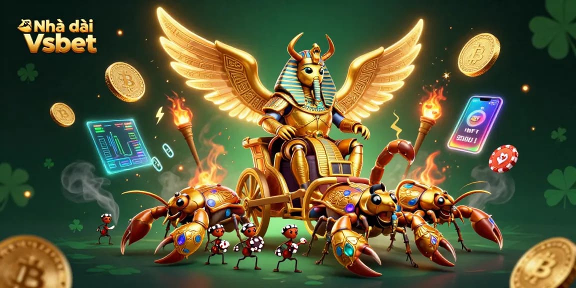 Engaging 3D scene showcasing Nhà cái Vsbet with a pharaoh beetle in a vibrant casino setting.