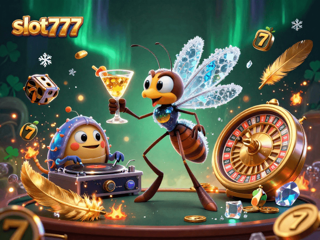 Menyaksikan slot777 dalam ilustrasi kasino 3D dengan unsur keberuntungan, simbol buah, dan efek atmosfer yang menakjubkan.