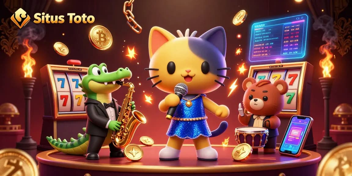 Situs Toto features a vibrant illustration of slot-themed characters in a dynamic casino environment.