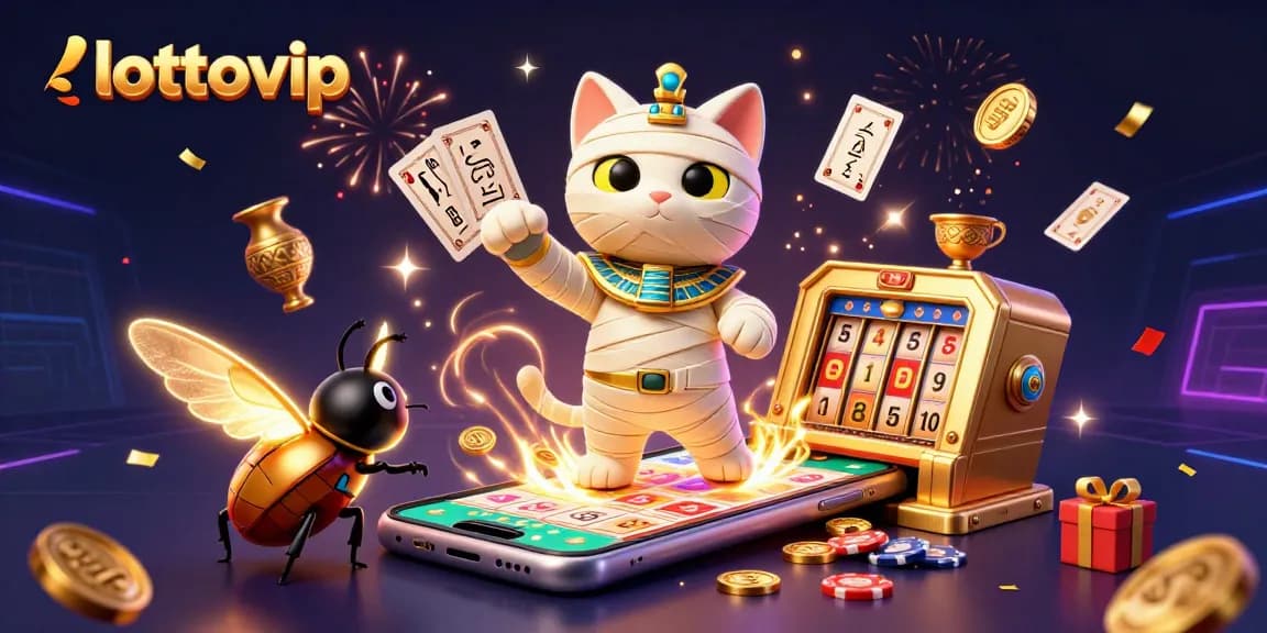 lottovip unduh hasil lotere dengan cepat dari ponsel 3D, simbol keberuntungan dan uang berlimpah.