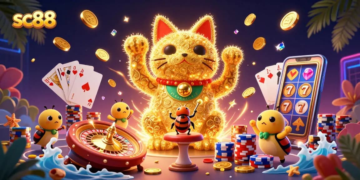Experience the thrilling world of sc88 with vibrant casino elements and a lucky cat illustration.