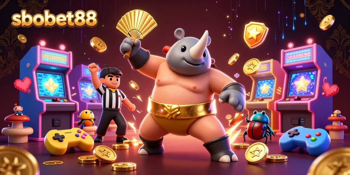 Experience the excitement of sbobet88 with a sumo champion beetle amidst dynamic gaming elements.